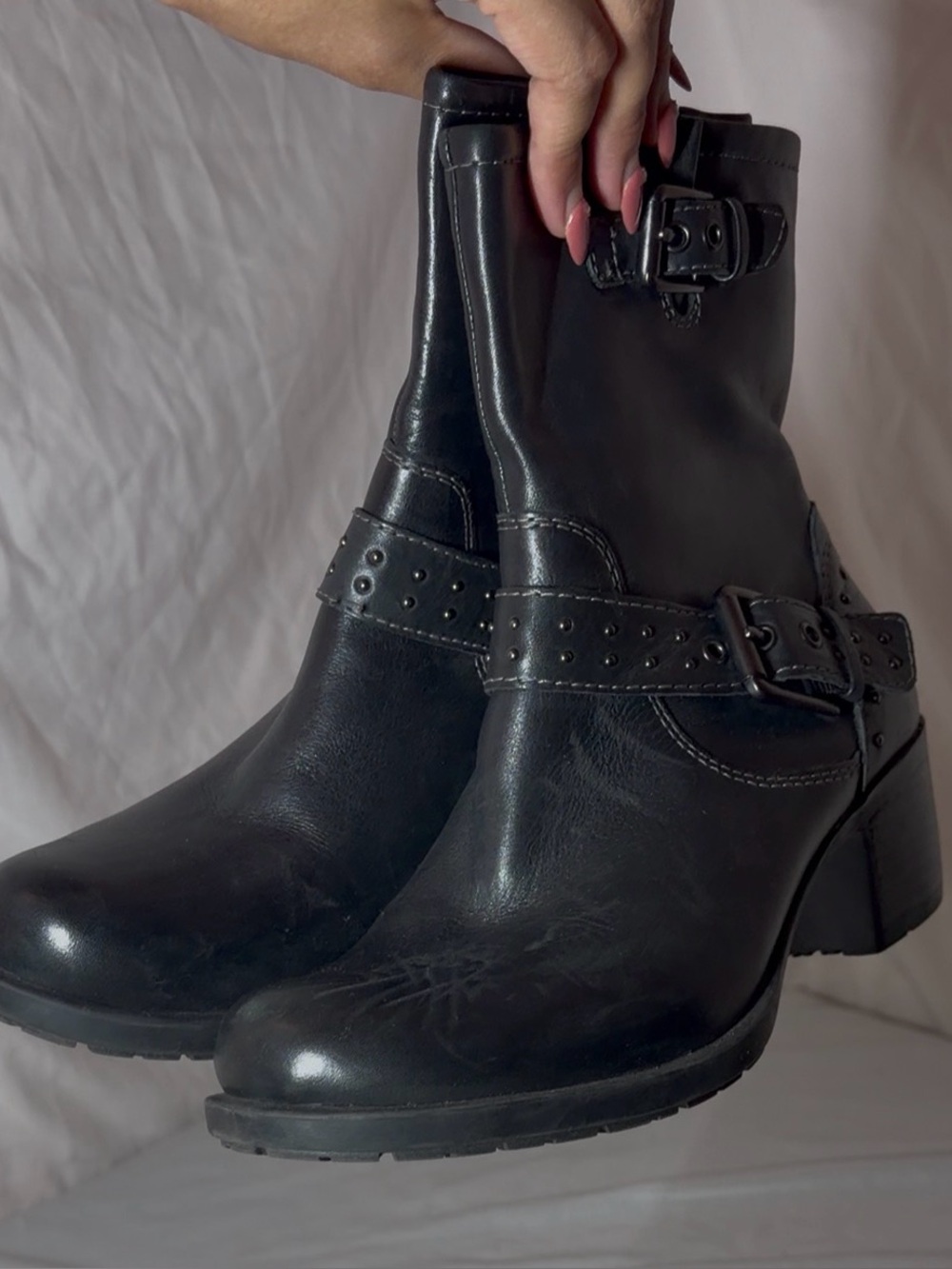 Black Leather Buckle Harness Ankle Boots - Women